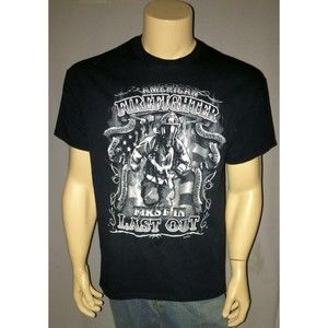 American Firefighter T Shirt Mens Large Black 100% Cotton FIRST In LAST Out